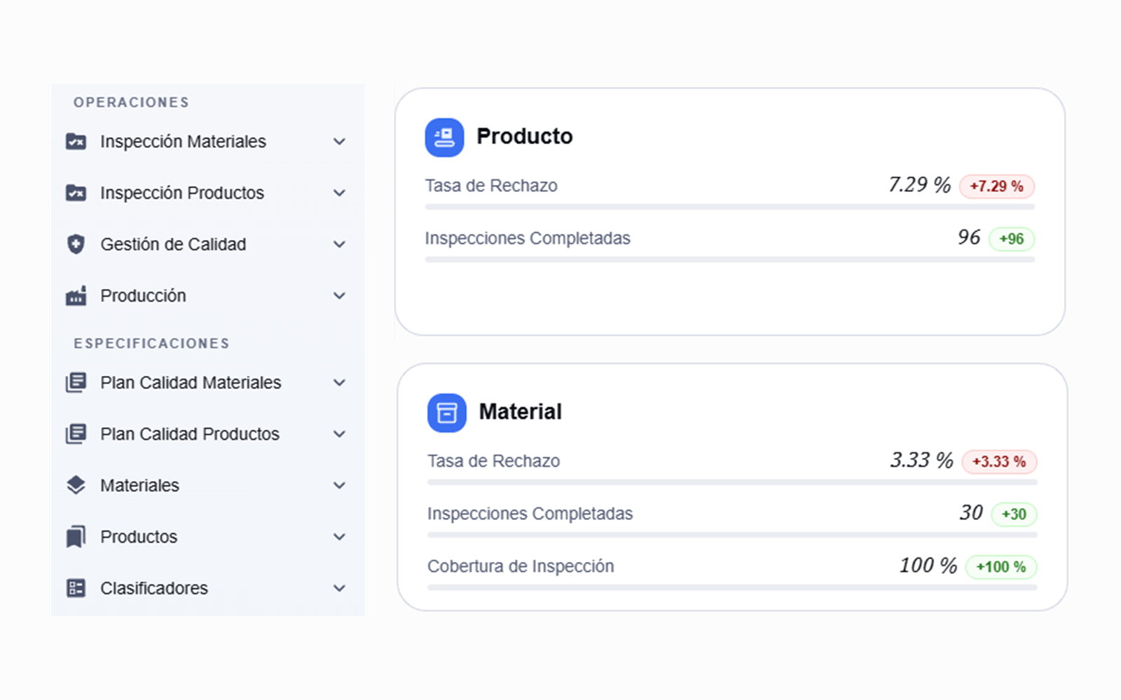 Captura de sigmalize.cloud: módulos de inspección y resultados por producto y material