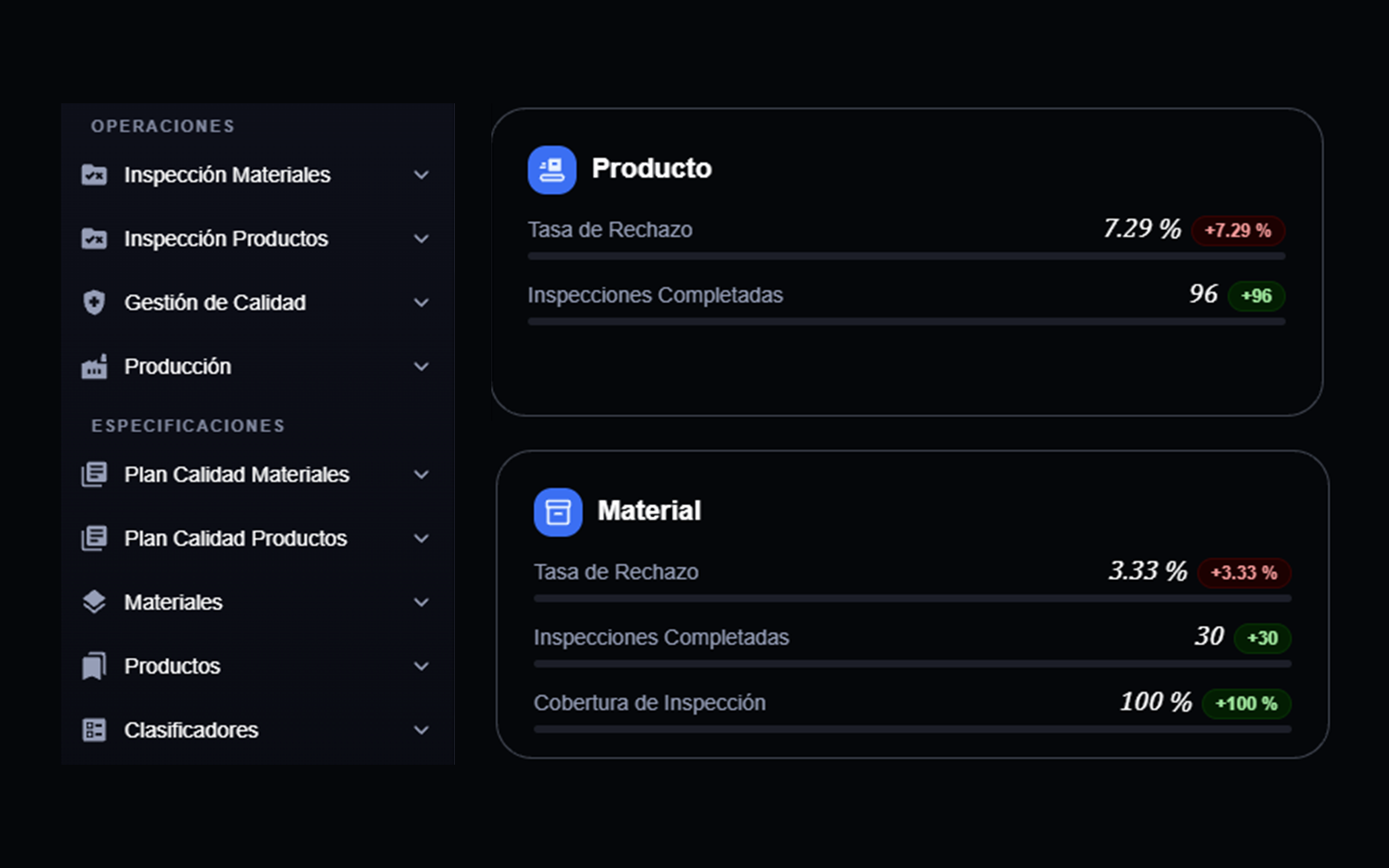 Captura de sigmalize.cloud: módulos de inspección y resultados por producto y material