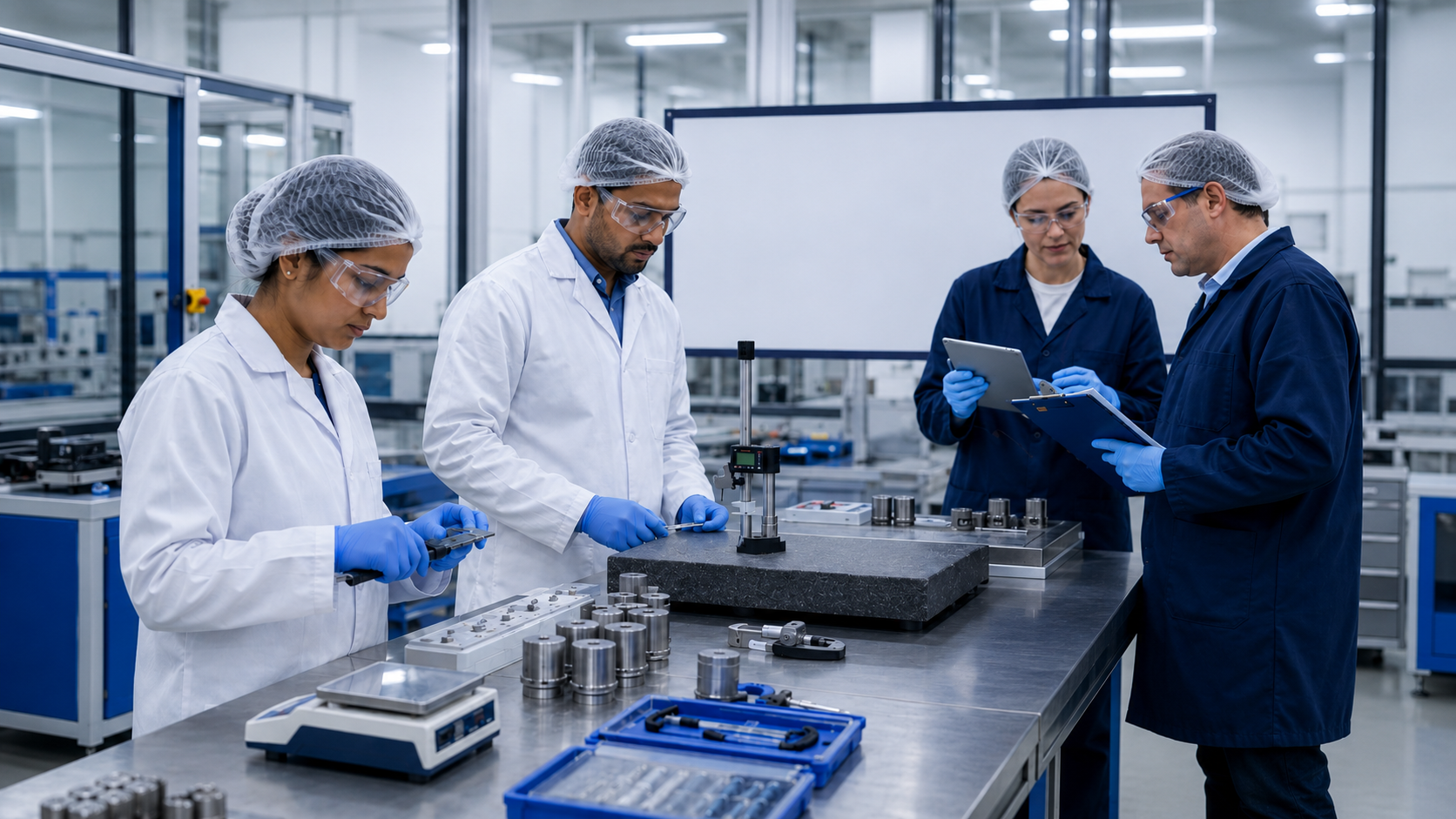Quality inspectors reviewing a measurement on the production floor